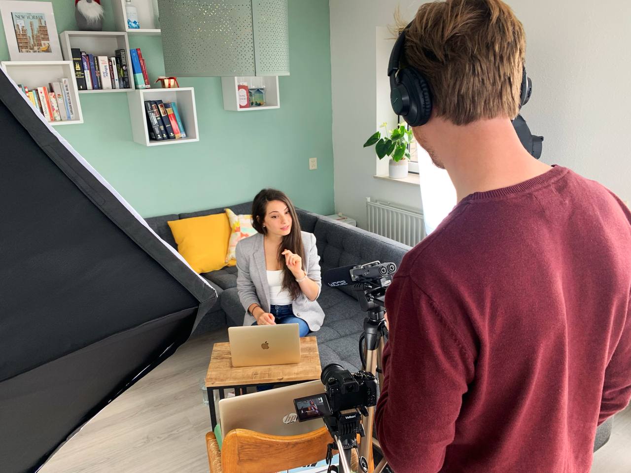 Radmila on set giving an interview to camera.